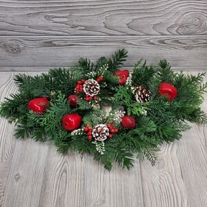 HOMCO Christmas Greenery Candle‎ Ring Centerpiece Pine Cones Red Apples Berries